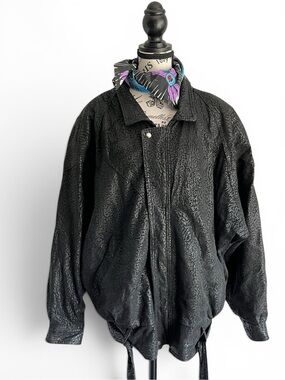 Vintage Embossed Textured Black Leather Bomber Jacket Oversized Batwing 80s